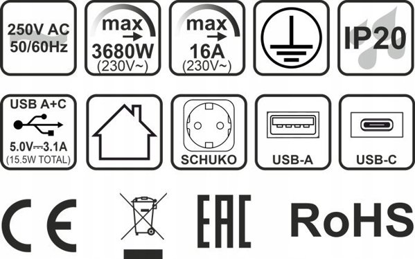 Ενσωματωμένη πρίζα επίπλου LIFT BOX, 3x Schuko, 1x USB A, 1x USB C, με καλώδιο μήκους 1.5m, μαύρο