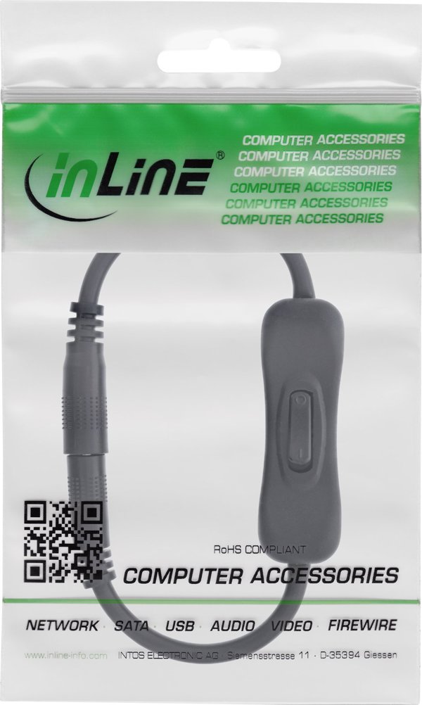 Καλώδιο DC InLine® με διακόπτη, DC ST/BU 5,5x2,5mm, AWG 18, μαύρο, 0,20m