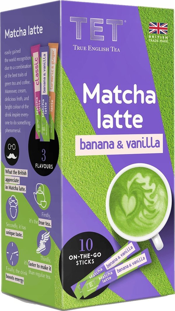 Ρόφημα στιγμιαίου τσαγιού True English Tea Matcha Latte Μπανάνα & Βανίλια, 10 τεμ.