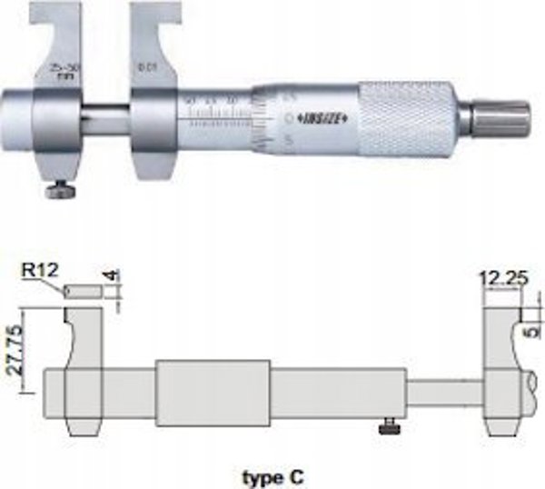 Insize Μικρόμετρο Εσωτερικής Μέτρησης 75-100mm, Τύπου C με Επιφάνειες Καρβιδίου και Ακρίβεια ±10μm