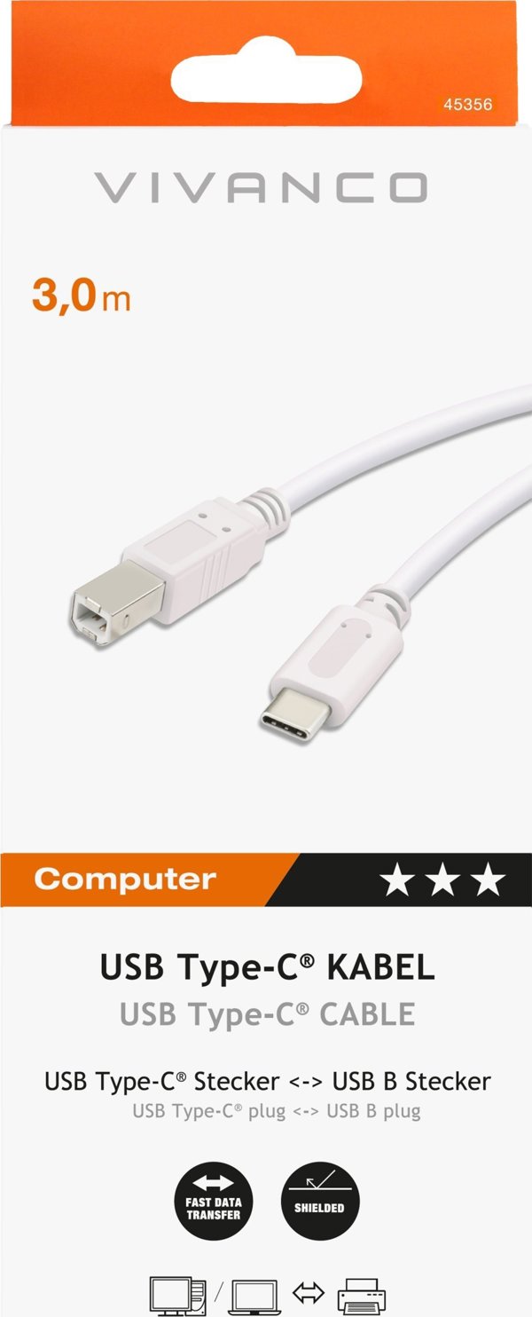 Καλώδιο USB Vivanco Vivanco καλώδιο USB-C - USB-B 3m, λευκό (45356)
