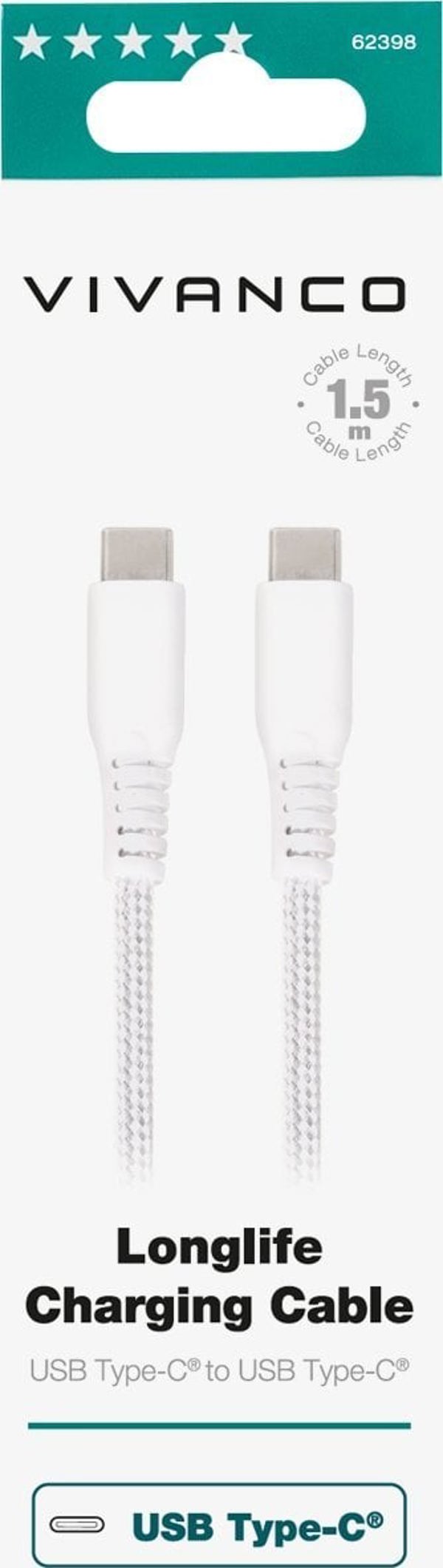 Καλώδιο USB Vivanco Vivanco καλώδιο USB-C - USB-C LongLife Φόρτιση 1.5m, λευκό (62398)