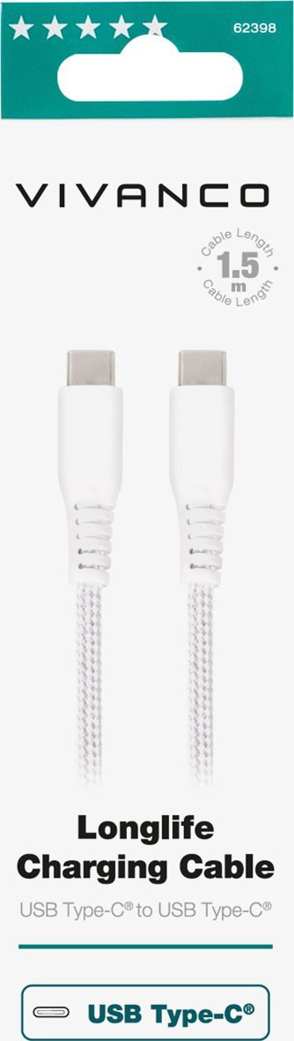 Καλώδιο USB Vivanco Vivanco καλώδιο USB-C - USB-C LongLife Φόρτιση 1.5m, λευκό (62398)