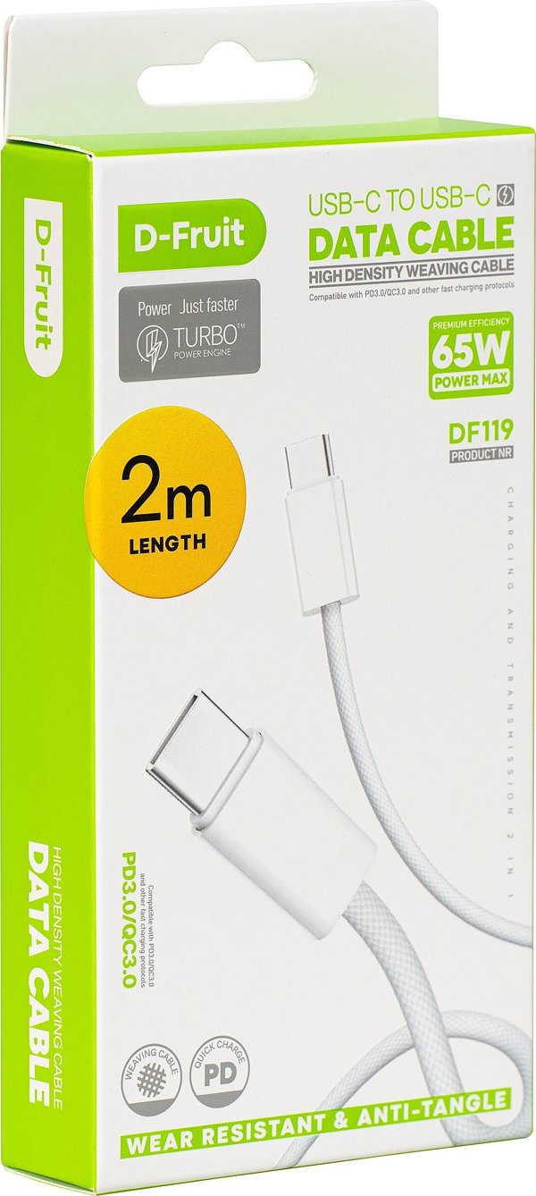 Καλώδιο D-Fruit USB-C - USB-C 2m, λευκό (DF119)