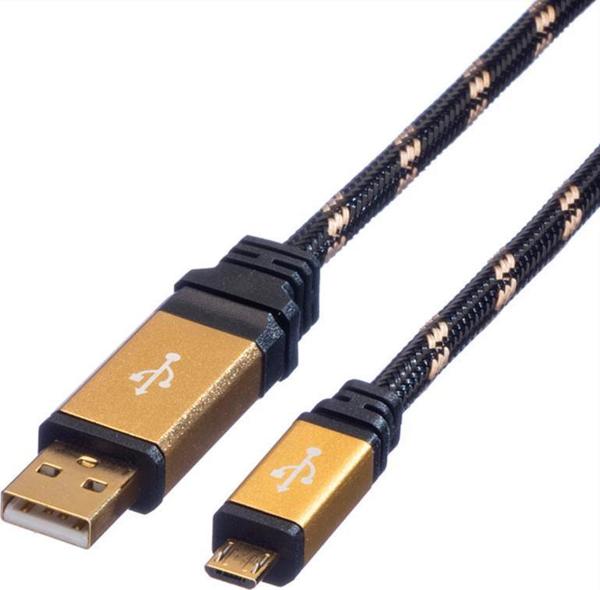 Καλώδιο Roline USB-A σε Micro-B 2.0, 1.8m, Με Πλεξούδα, Μαύρο-Χρυσό