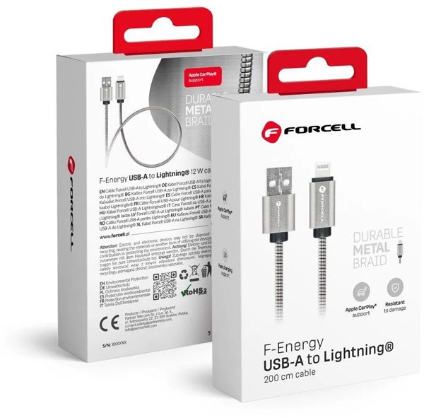 Καλώδιο Forcell F-Energy USB-A σε Lightning 2.4A 12W Μεταλλικό 2m - Ασημί