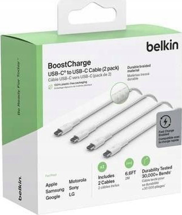 Καλώδιο USB Belkin 1x2 Belkin πλεκτό καλώδιο PVC 2m USB-C/USB-C λευκό. CAB004bt2MWH2PK