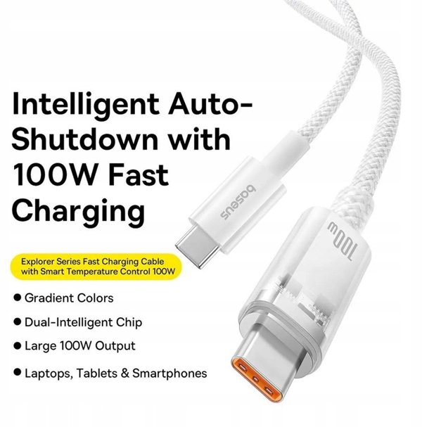 BASEUS καλώδιο Τύπου C σε Τύπου C Explorer Power Delivery 100W 2m λευκό P10319703221-01 / CB000043