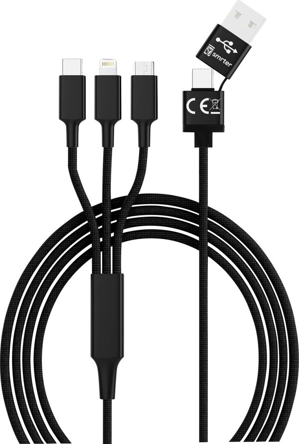 Smrter Καλώδιο Φόρτισης Hydra 3-σε-1 USB-A & USB-C σε USB-C, Lightning & MicroUSB, 1.2m, Μαύρο