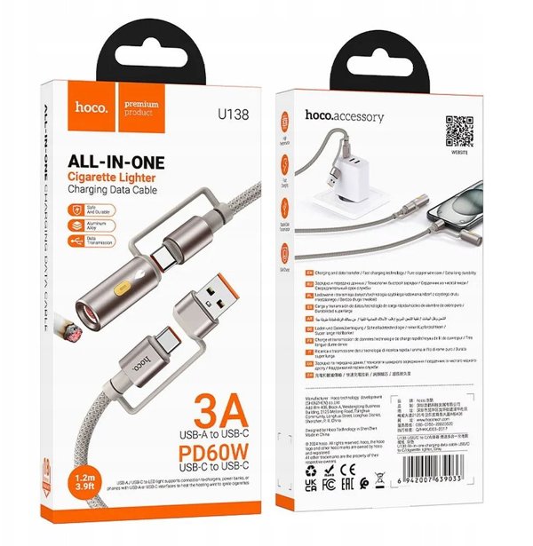 Hoco U138 Καλώδιο All-in-One USB-A/USB-C σε USB-C 60W 3A 1.2m Γκρι