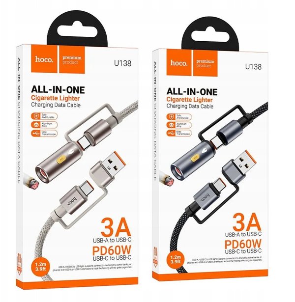 Hoco U138 Καλώδιο All-in-One USB-A/USB-C σε USB-C 60W 3A 1.2m Γκρι