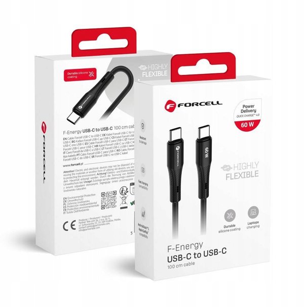 Forcell Καλώδιο USB-C σε USB-C F-Energy 60W 3A PD QC4.0, Σιλικόνης, 1m, Μαύρο
