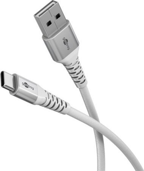 Goobay Καλώδιο USB-A σε USB-C Υφασμάτινο 2.0, Σούπερ Μαλακό, Μεταλλικές Συνδέσεις, 2m, Λευκό