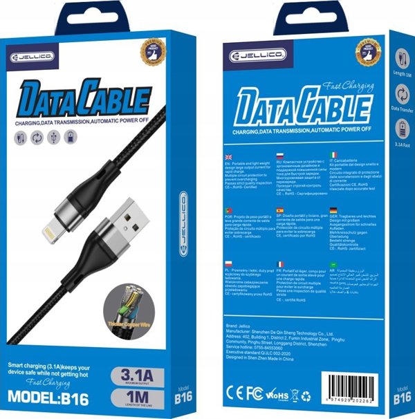 Καλώδιο USB Jellico JELLICO καλώδιο B16 Lightning 3.1A 1M Μαύρο