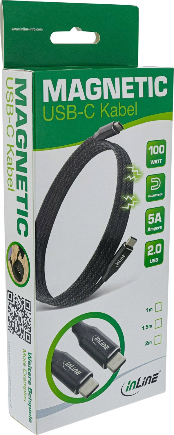 Καλώδιο USB InLine InLine® Μαγνητικό καλώδιο USB-C, USB-C αρσενικό/αρσενικό, 100W, μαύρο, 2μ