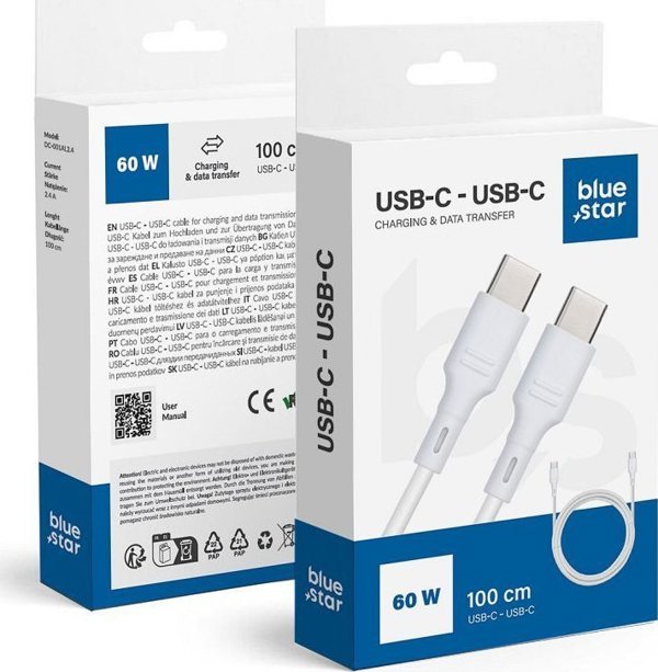 Καλώδιο USB Blue Star BLUE STAR καλώδιο 3A 60W Τύπος C σε Τύπος C DC-001CC3.0 1 m λευκό