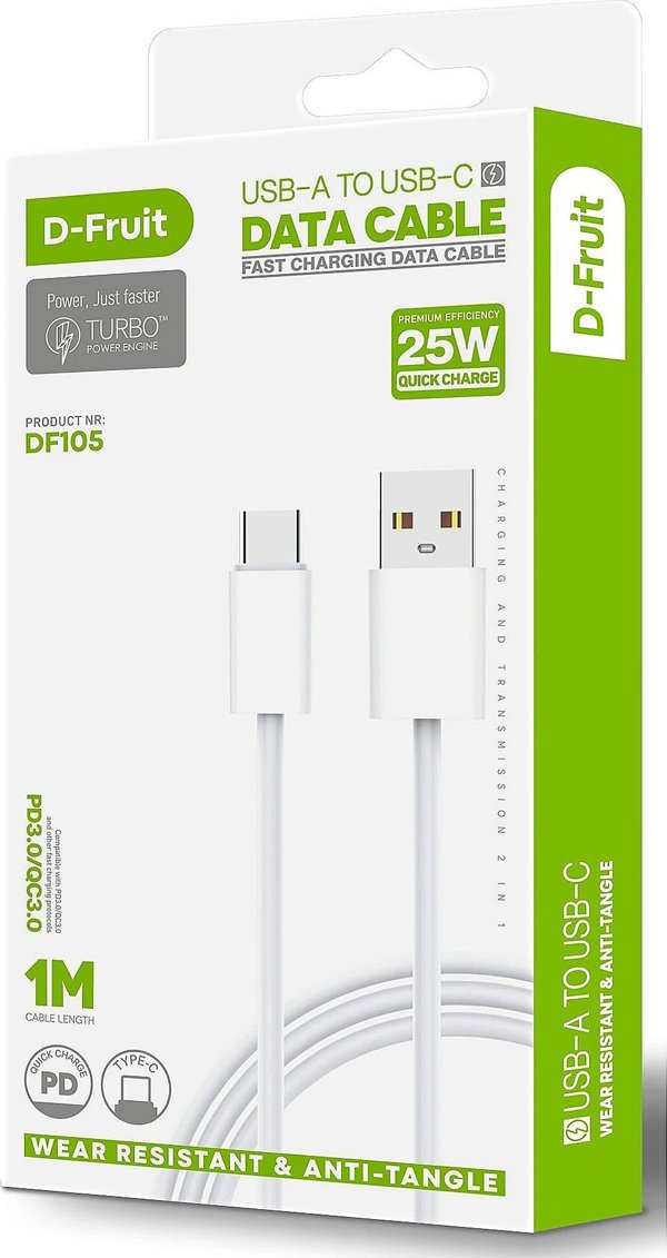 Καλώδιο D-Fruit USB-A - USB-C 1m, λευκό (DF105)