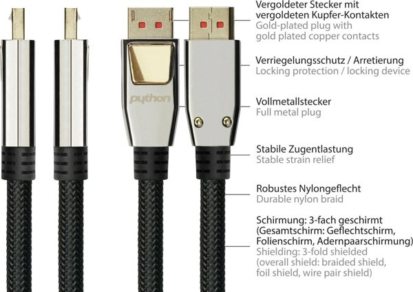 Καλώδιο PYTHON Python DisplayPort 1.4 Καλώδιο Νάιλον πλέξη μαύρο 5μ