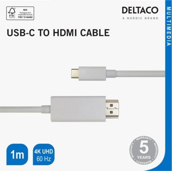 Καλώδιο Deltaco USB-C - HDMI καλώδιο DELTACO 4K UHD, επιχρυσωμένες συνδέσεις, 1m, λευκό / R00140020