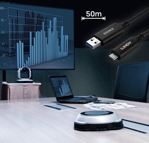 Καλώδιο Lindy 43397 USB USB 3.2 Gen 1 (3.1 Gen 1) 50 m USB A USB C Μαύρο