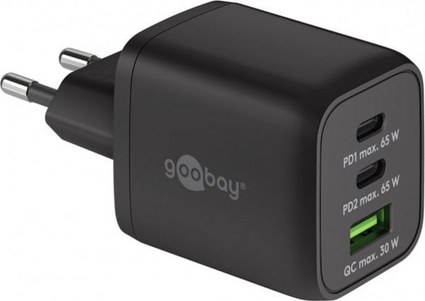 Καλώδιο USB Goobay goobay USB-C γρήγορος φορτιστής Nano, PD, GaN, 65 watts, USB-C υφασμάτινο καλώδιο (μαύρο, 1x USB-A, 2x USB-C PD, Quick Charge 3.0, καλώδιο 1 μέτρο)