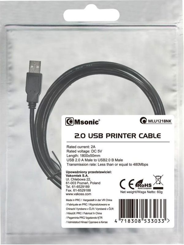 Καλώδιο USB Msonic USB-A - USB-A 1.8 m Μαύρο (MLU1218NK)