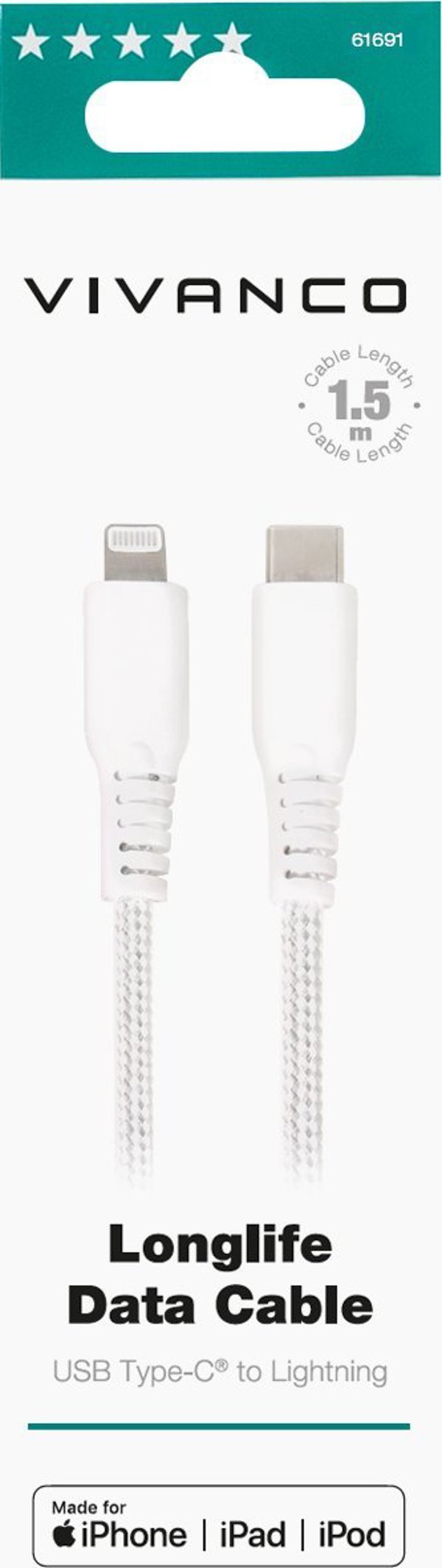 Καλώδιο USB Vivanco Vivanco καλώδιο Lightning - USB-C LongLife Data 1.5m, λευκό (61691)