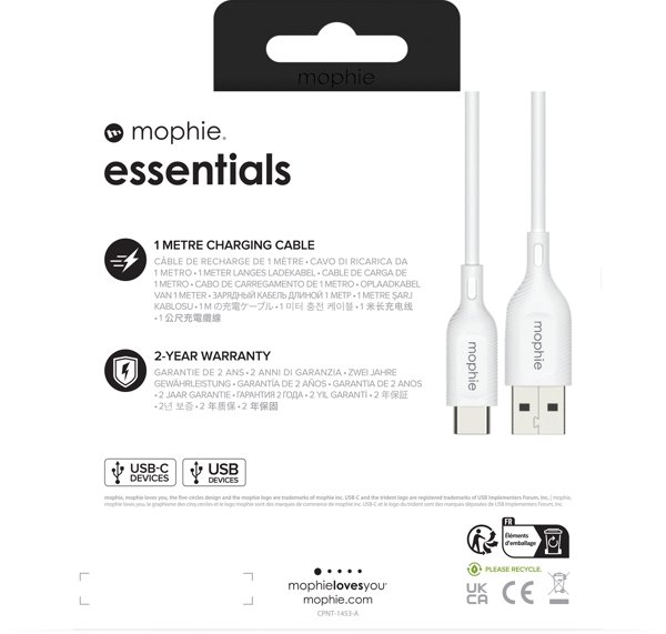Καλώδιο USB Mophie USB-A - USB-C 1 μ Λευκό (MPH71)