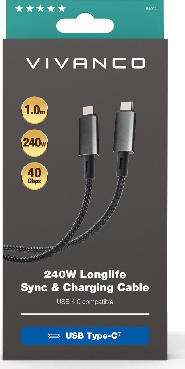Καλώδιο USB Vivanco Vivanco καλώδιο USB-C - USB-C 4.0 LongLife Φόρτιση 240W 1m (64014)
