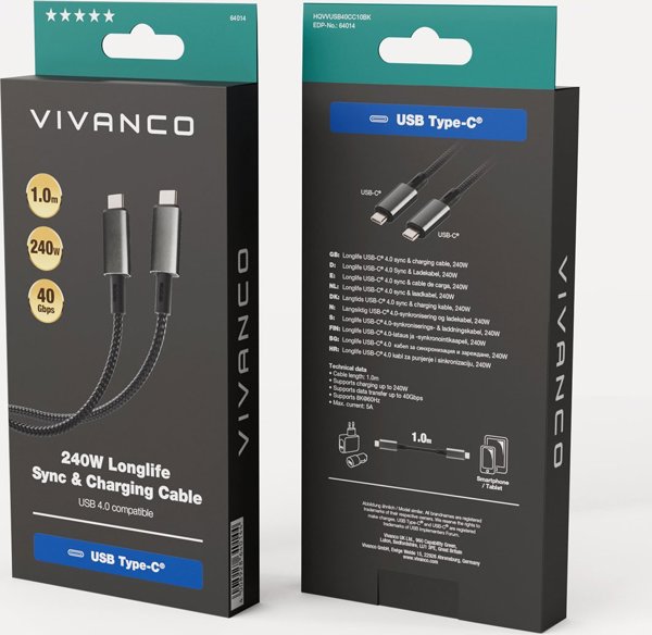 Καλώδιο USB Vivanco Vivanco καλώδιο USB-C - USB-C 4.0 LongLife Φόρτιση 240W 1m (64014)