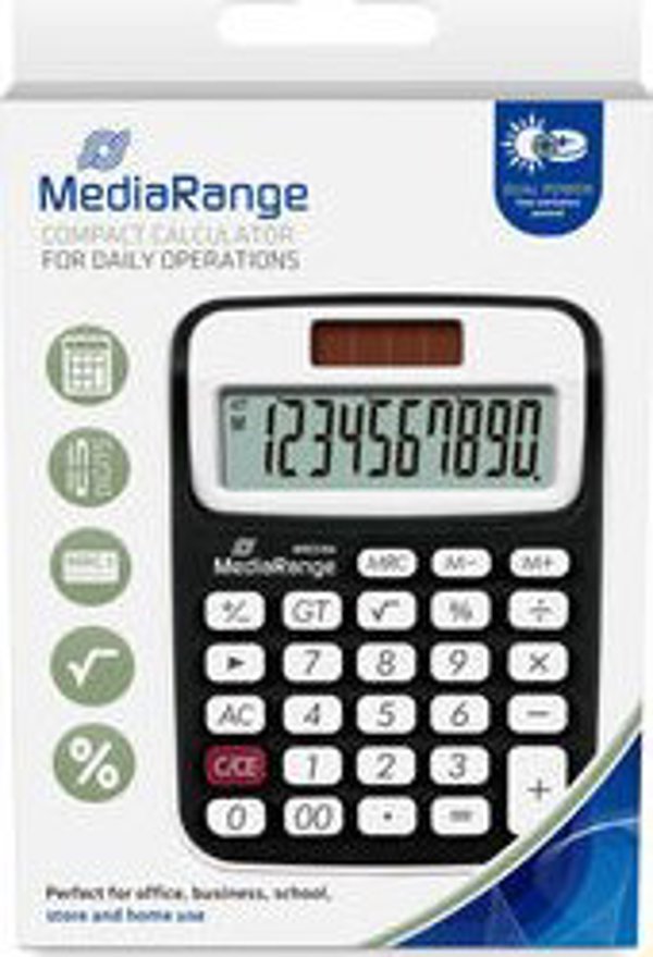 MediaRange MROS190 Αριθμομηχανή Επιτραπέζια, 10 Ψηφία, Ηλιακή/Μπαταρία, Μαύρο/Λευκό