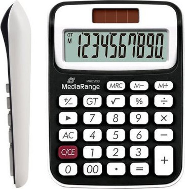 MediaRange MROS190 Αριθμομηχανή Επιτραπέζια, 10 Ψηφία, Ηλιακή/Μπαταρία, Μαύρο/Λευκό