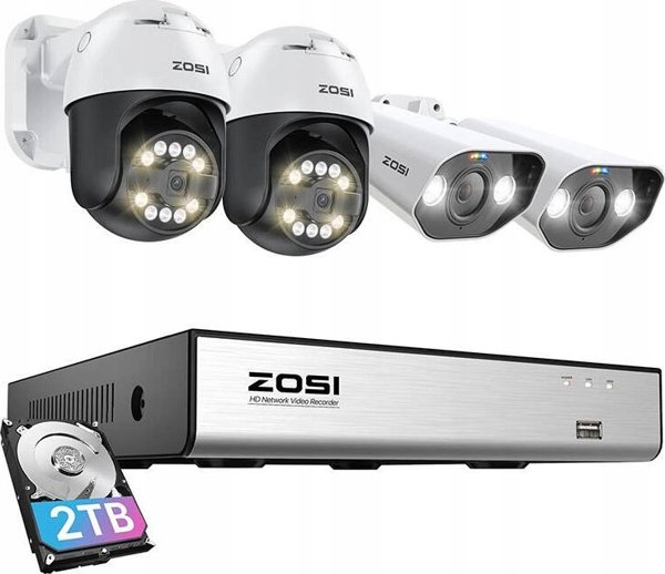 Σετ τεσσάρων καμερών IP ZOSI C296 WiFi 5MP (2 τεμ.) και C182 WiFi 8MP (2 τεμ.) + καταγραφικό + σκληρός δίσκος HDD 2TB