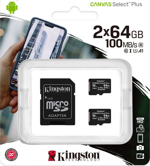Karta Kingston Canvas Select Plus MicroSDXC 64 GB + 64 GB Class 10 UHS-I/U1 A1  (SDCS2/64GB-2P1A                )