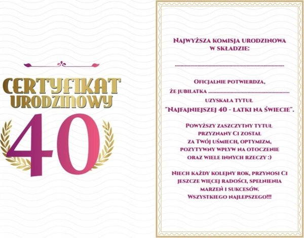 Κάρτα Πιστοποιητικό Γενεθλίων 40α γενέθλια γυναικεία
