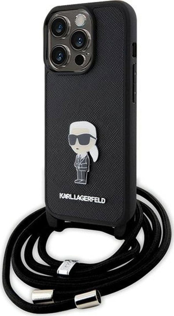 Karl Lagerfeld Karl Lagerfeld KLHCP15LSASKNPSK iPhone 15 Pro 6.1" σκληρή θήκη μαύρη Crossbody Saffiano Monogram Metal Pin Karl & Choupette