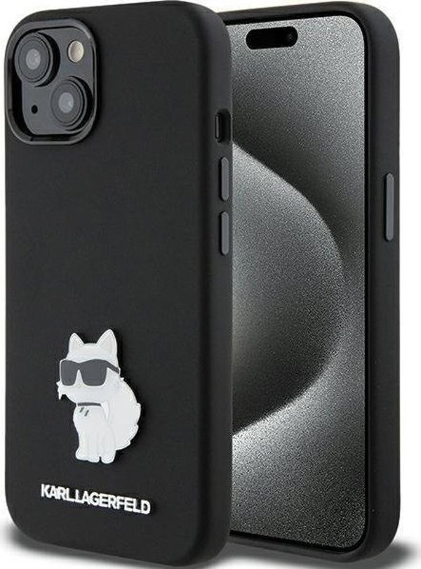 Κάλυμμα σιλικόνης Karl Lagerfeld KLHCP15MSMHCNPK iPhone 15 Plus 6.7" μαύρο με μεταλλική καρφίτσα Choupette