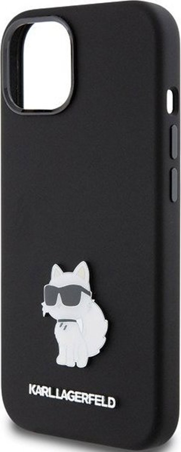 Κάλυμμα σιλικόνης Karl Lagerfeld KLHCP15MSMHCNPK iPhone 15 Plus 6.7" μαύρο με μεταλλική καρφίτσα Choupette