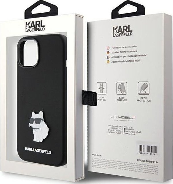 Κάλυμμα σιλικόνης Karl Lagerfeld KLHCP15MSMHCNPK iPhone 15 Plus 6.7" μαύρο με μεταλλική καρφίτσα Choupette
