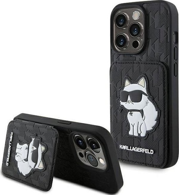 Karl Lagerfeld Karl Lagerfeld KLHCP15LSAKCNSCK iPhone 15 Pro 6.1" σκληρή θήκη μαύρη Saffiano με θήκες για κάρτες και βάση Monogram Choupette