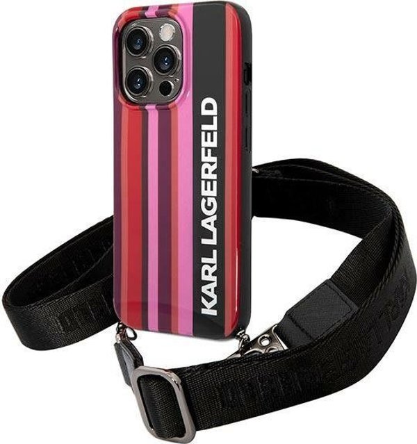 Σκληρή θήκη Karl Lagerfeld KLHCP14XSTSTP Apple iPhone 14 Pro Max ροζ με λωρίδες χρώματος και λουράκι