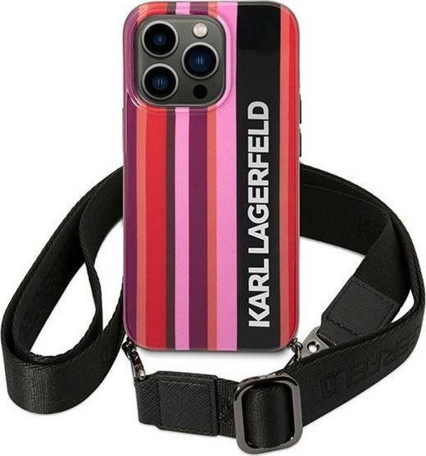 Σκληρή θήκη Karl Lagerfeld KLHCP14XSTSTP Apple iPhone 14 Pro Max ροζ με λωρίδες χρώματος και λουράκι
