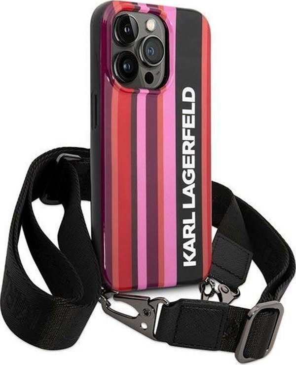 Σκληρή θήκη Karl Lagerfeld KLHCP14XSTSTP Apple iPhone 14 Pro Max ροζ με λωρίδες χρώματος και λουράκι