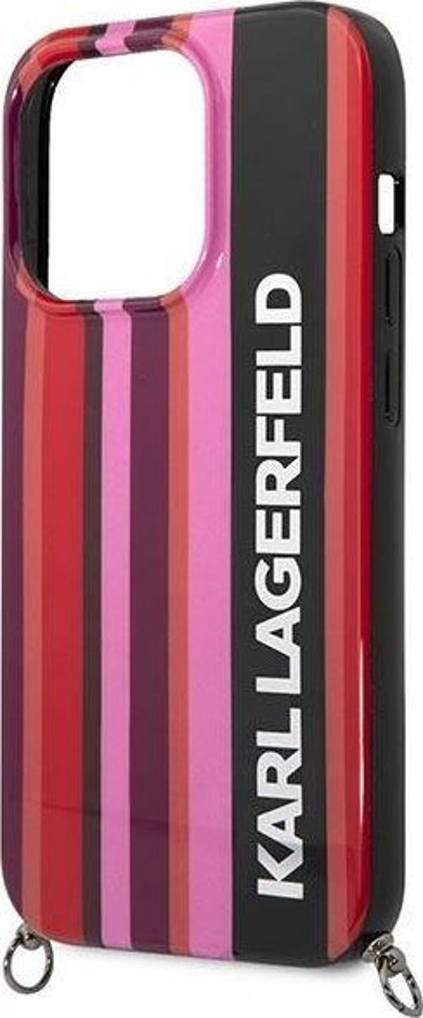 Σκληρή θήκη Karl Lagerfeld KLHCP14XSTSTP Apple iPhone 14 Pro Max ροζ με λωρίδες χρώματος και λουράκι