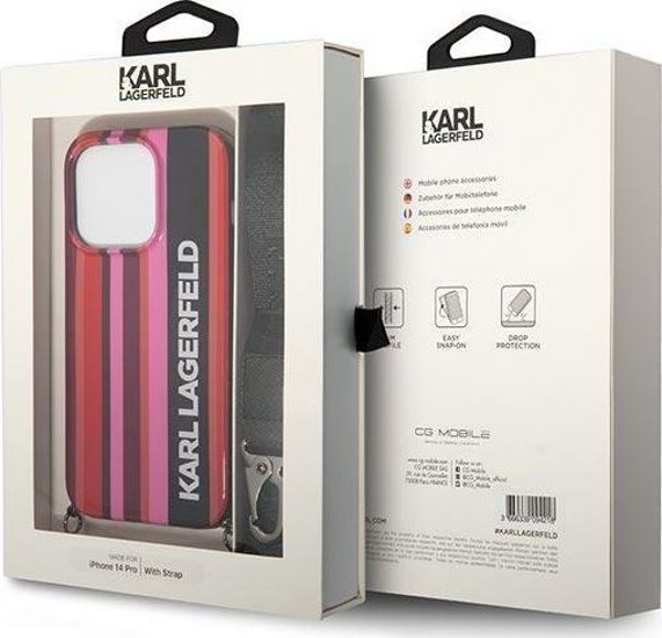 Σκληρή θήκη Karl Lagerfeld KLHCP14XSTSTP Apple iPhone 14 Pro Max ροζ με λωρίδες χρώματος και λουράκι