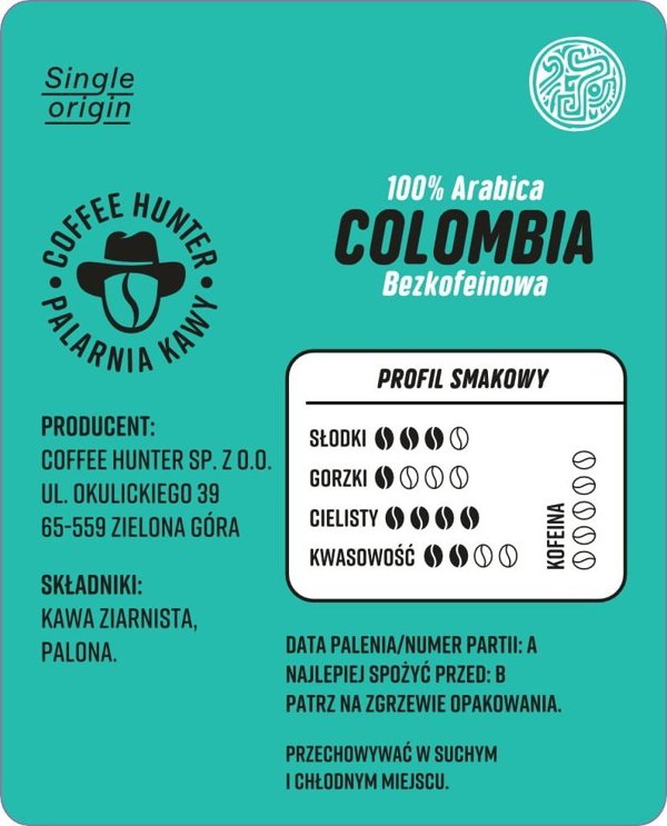Kawa ziarnista Coffee Hunter Colombia Bezkofeinowa 250 g
