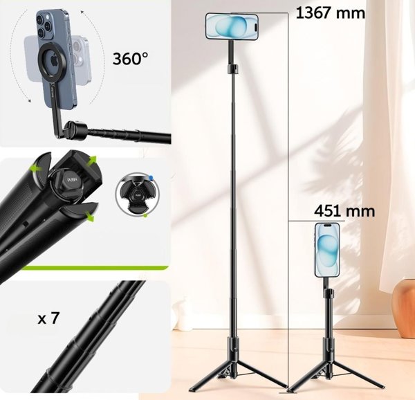 Kijek SELFIE Stick Statyw 1.36m na Magnes MagSafe Telefon Smartfon + PILOT / MG-003 PRO