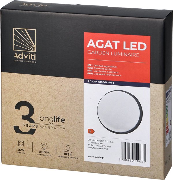 Φωτιστικό Τοίχου Orno AGAT LED 15W, φωτιστικό κήπου, 1100lm, IP54, 4000K, γκρι
