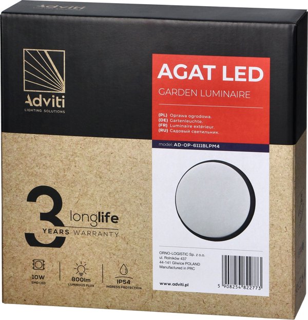 Απλίκα Orno AGAT LED 10W, φωτιστικό κήπου, 800lm, IP54, 4000K, μαύρο