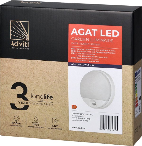 Φωτιστικό τοίχου Orno AGAT LED 10W, φωτιστικό κήπου με αισθητήρα κίνησης 140°, 800lm, IP54, 4000K, λευκό